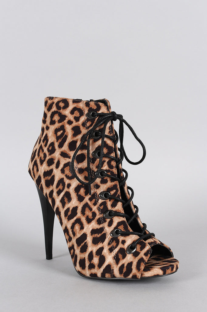 Qupid Leopard Corseting Peep Toe Bootie