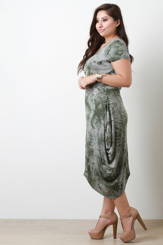 Marble Tie Dye Surplice Short Sleeves Asymmetrical Midi Dress