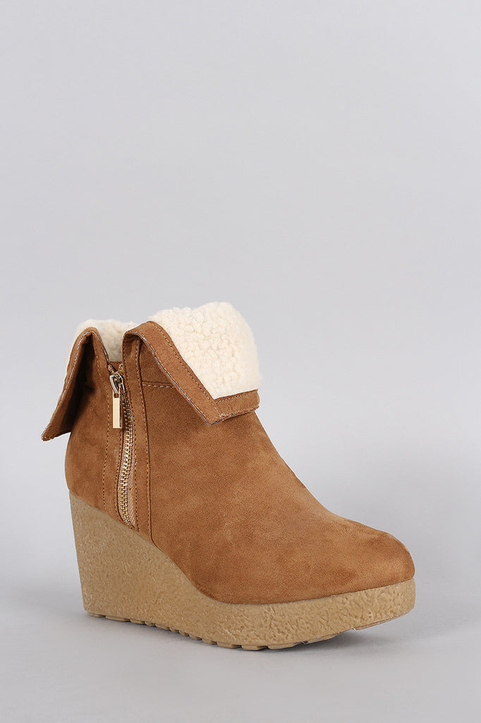 Bamboo Suede Faux Shearling Cuff Wedge Bootie