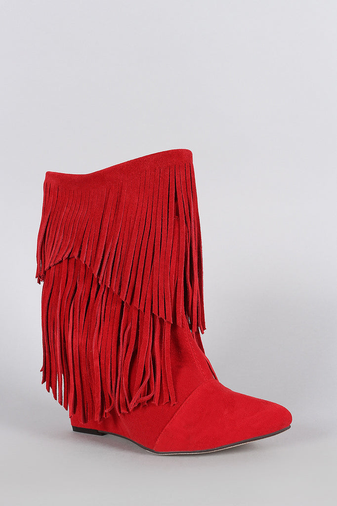 Liliana Bohemian Fringe Mid Calf Wedge Boot