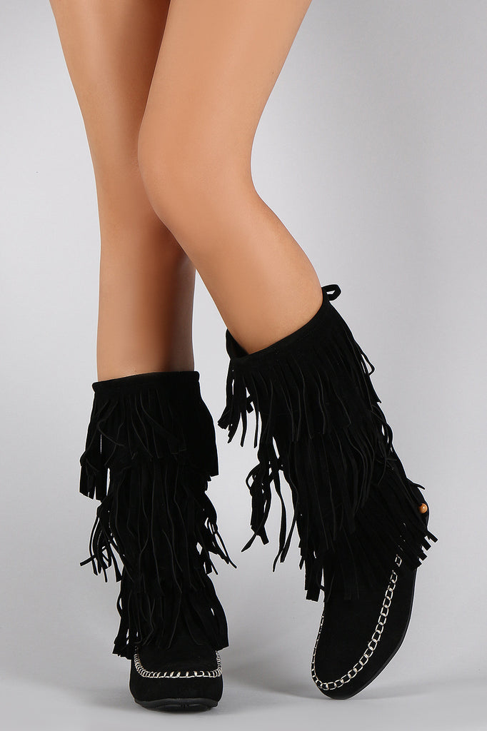 Suede Triple Fringe Round Toe Moccasin Mid Calf Flat Boot