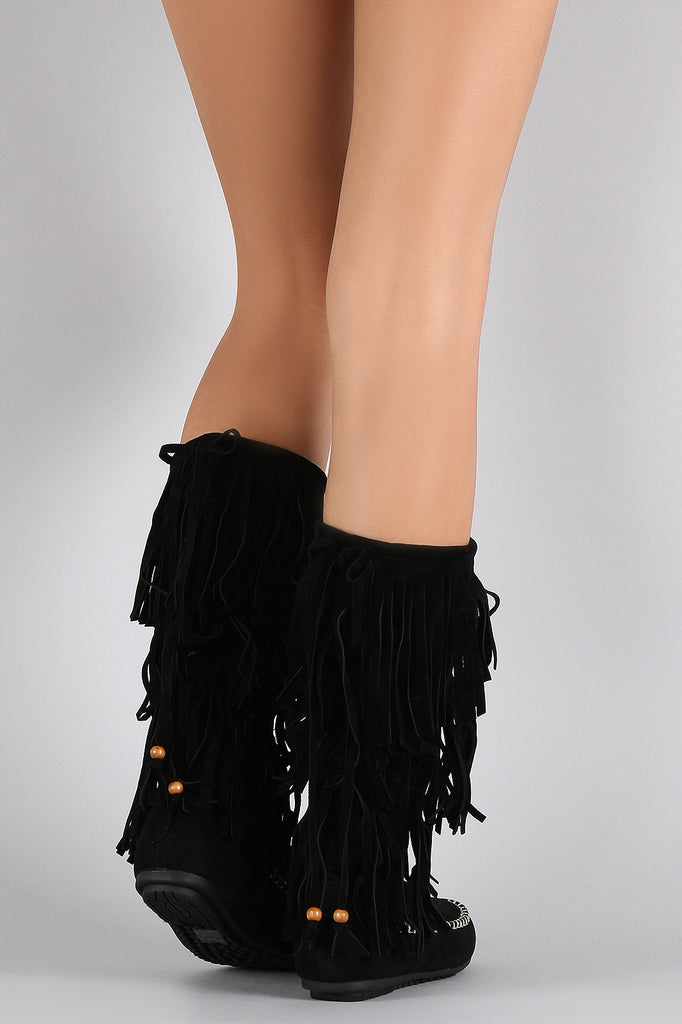 Suede Triple Fringe Round Toe Moccasin Mid Calf Flat Boot