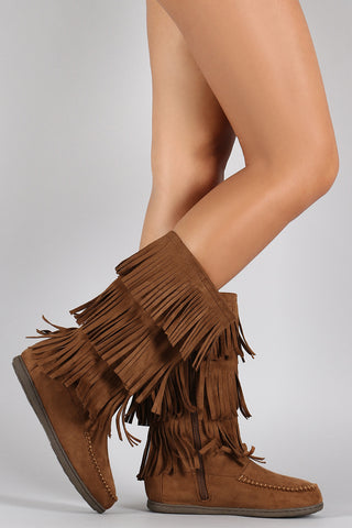 Bamboo Suede Fur Trim Round Toe Mid Calf Flat Boots