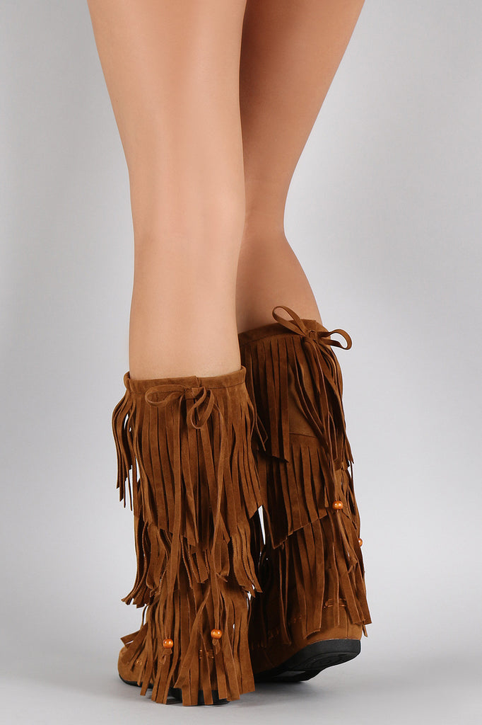 Bow Bead Tiers of Fringe Moccasin Flat Boots