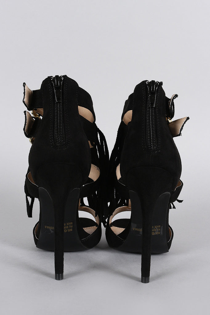 Qupid Double Buckle Falling Fringe Peep Toe Heel