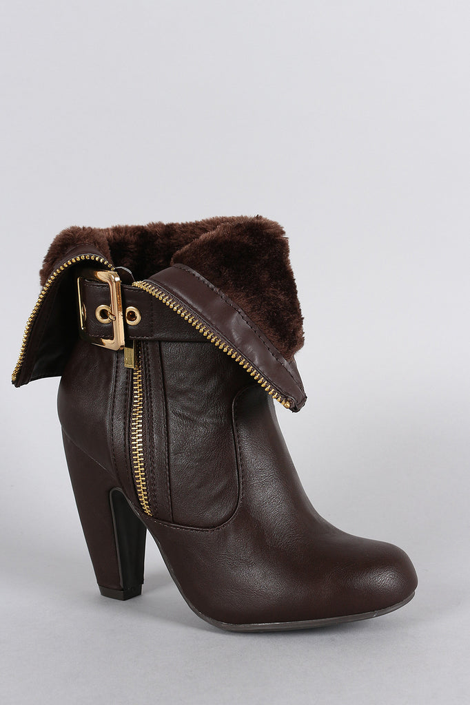 Bamboo Faux Fur Cuff Buckle Strap Heeled Ankle Boots