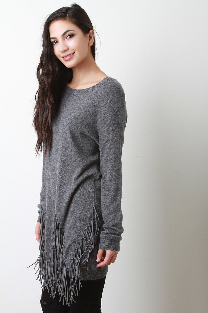 Suede Fringe Long Sleeves Sweater Dress