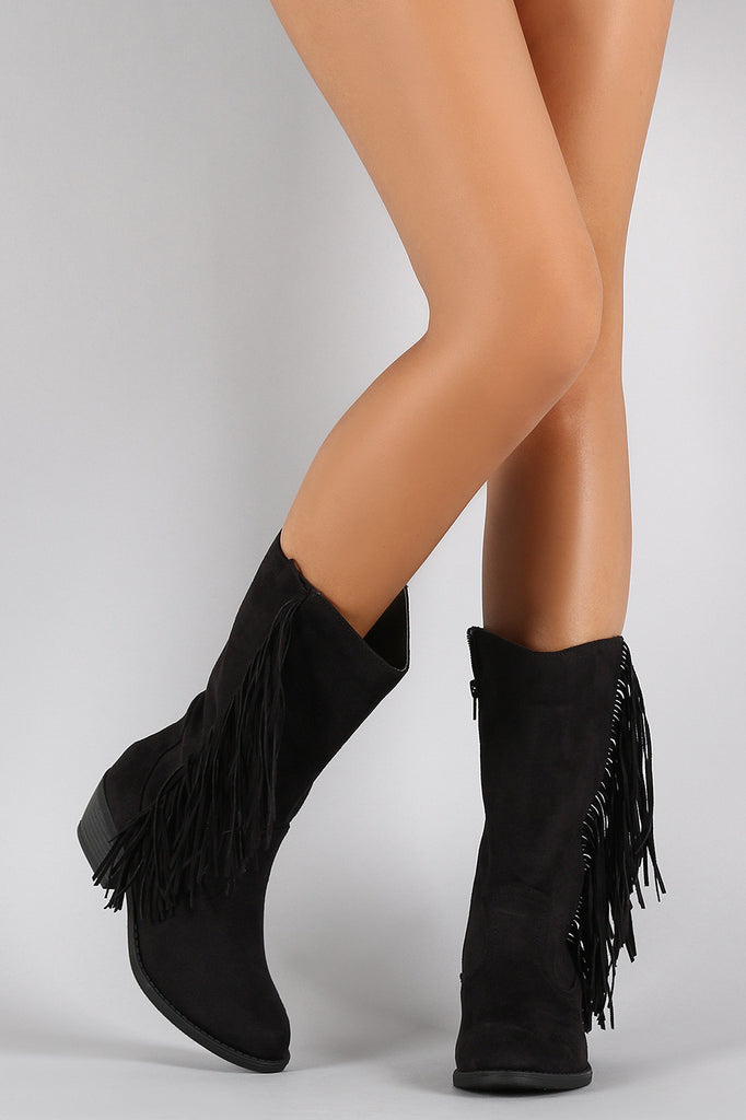 Soda Suede Fringe Round Toe Cowgirl Mid Calf Boot