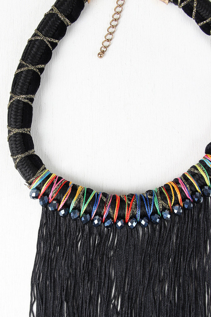 Wrapped Cord Fringe Statement Necklace