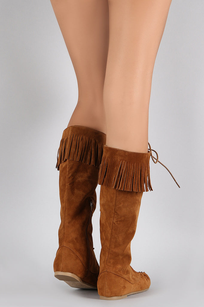 Bamboo Fringe Lace Up Moccasin Flat Boots