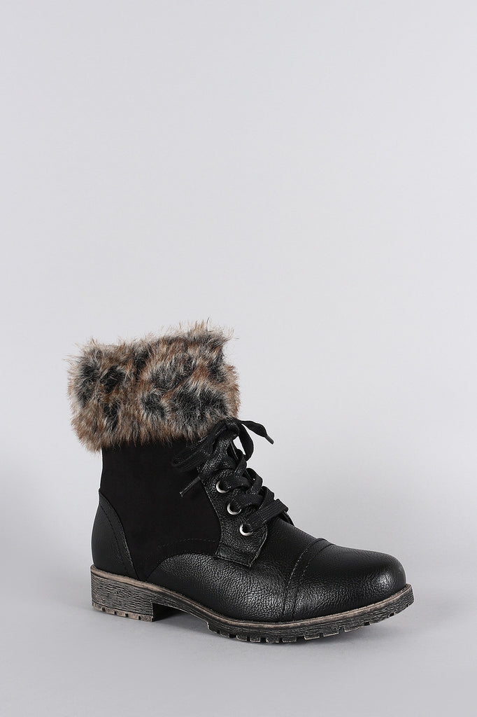 Bamboo Combat Faux Fur Ankle Cuff Lug Sole Booties