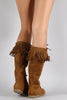 Soda Suede Fringe Round Toe Lace Up Moccasin Flat Boots