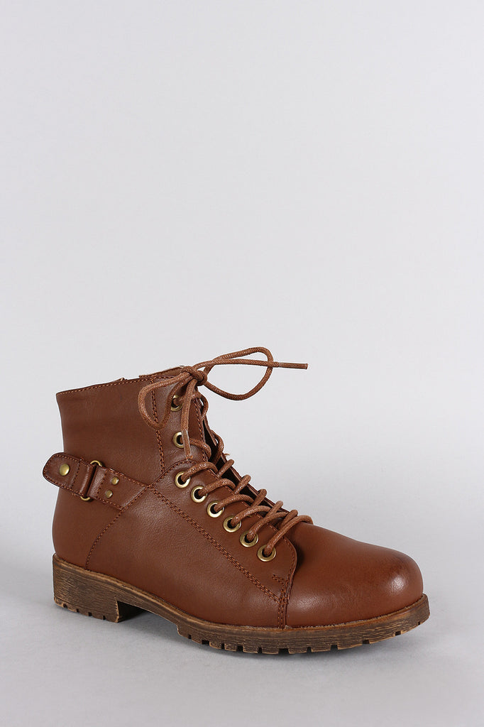 Bamboo Round Toe Combat Lace Up Flat Ankle Boots