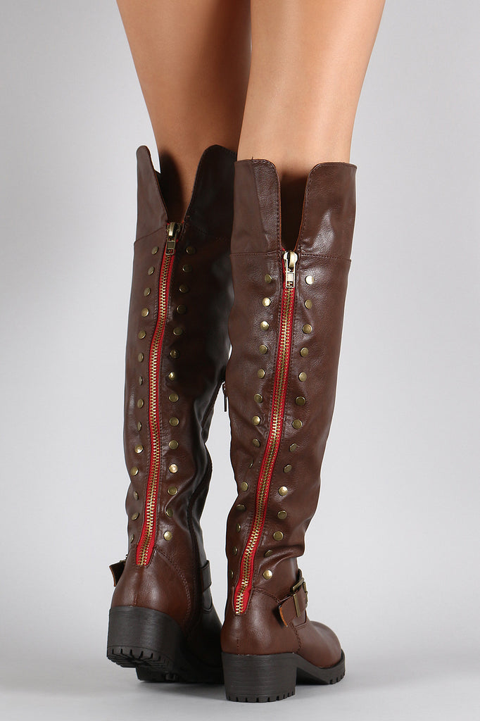 Bamboo Fold Over Cuff Contrast Zipper Studded Riding Knee High Boot