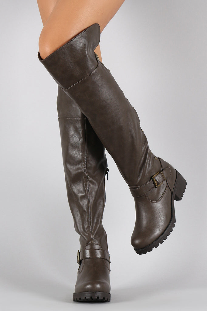 Bamboo Fold Over Cuff Contrast Zipper Studded Riding Knee High Boot