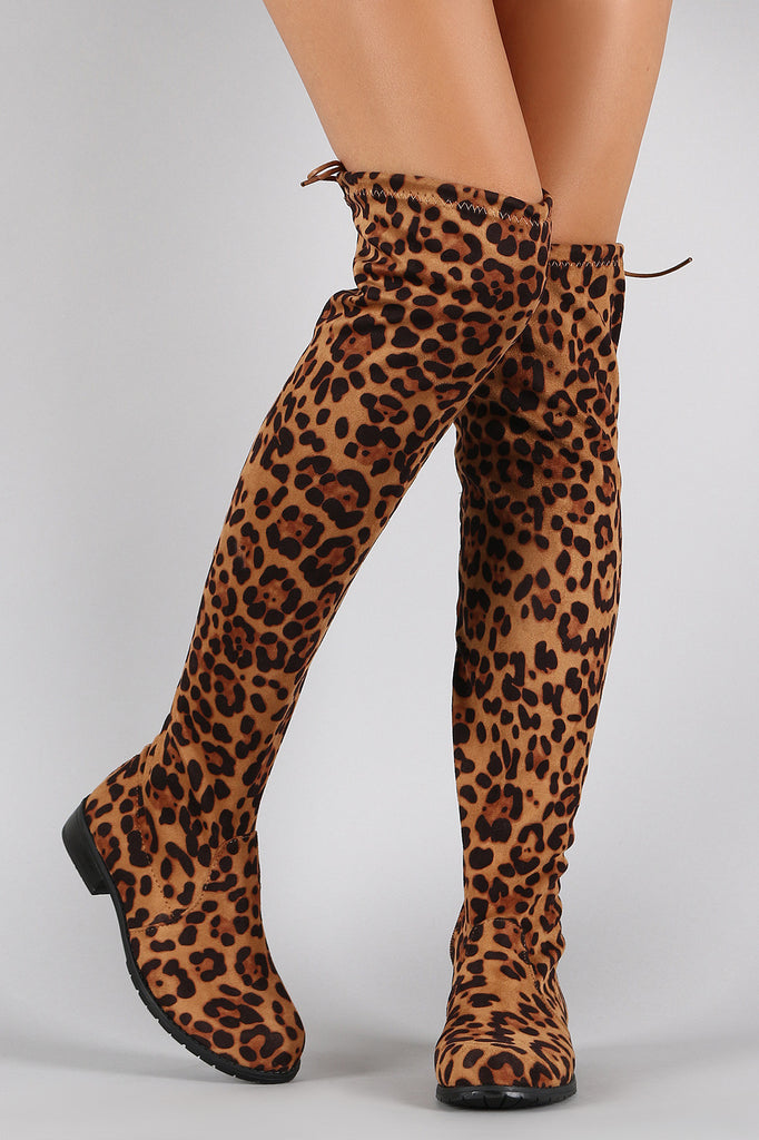 Bamboo Leopard Faux Suede Tied Flat Thigh High Boot Shoe Heaven