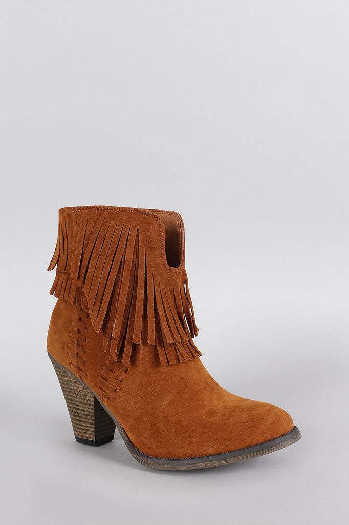 Suede Asymmetrical Fringe Chunky Stacked Heeled Ankle Boots