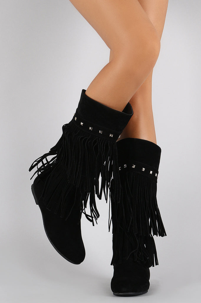 Suede Studded Layered Fringe Round Toe Knee High Boot