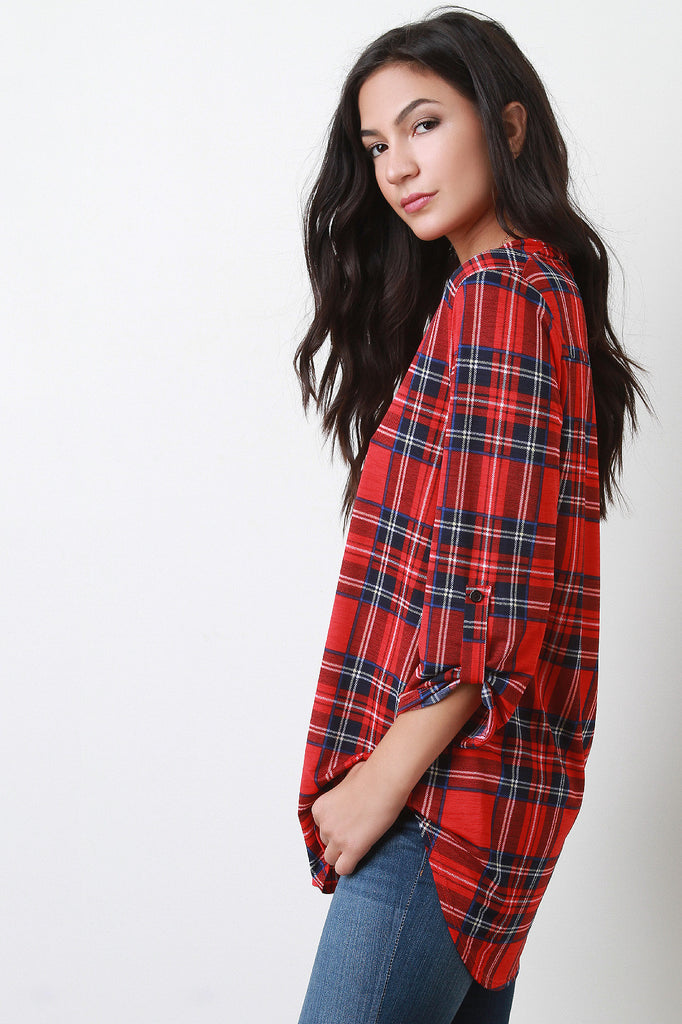 Plaid Split V-Neck Long Sleeves Top