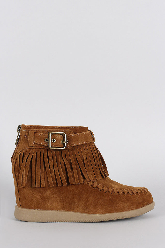 Bamboo Buckle Fringe Moccasin Hidden Wedge Booties