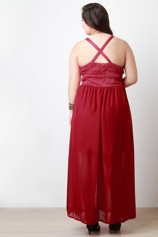 Suede Sweetheart Cross-Back Chiffon Maxi Dress