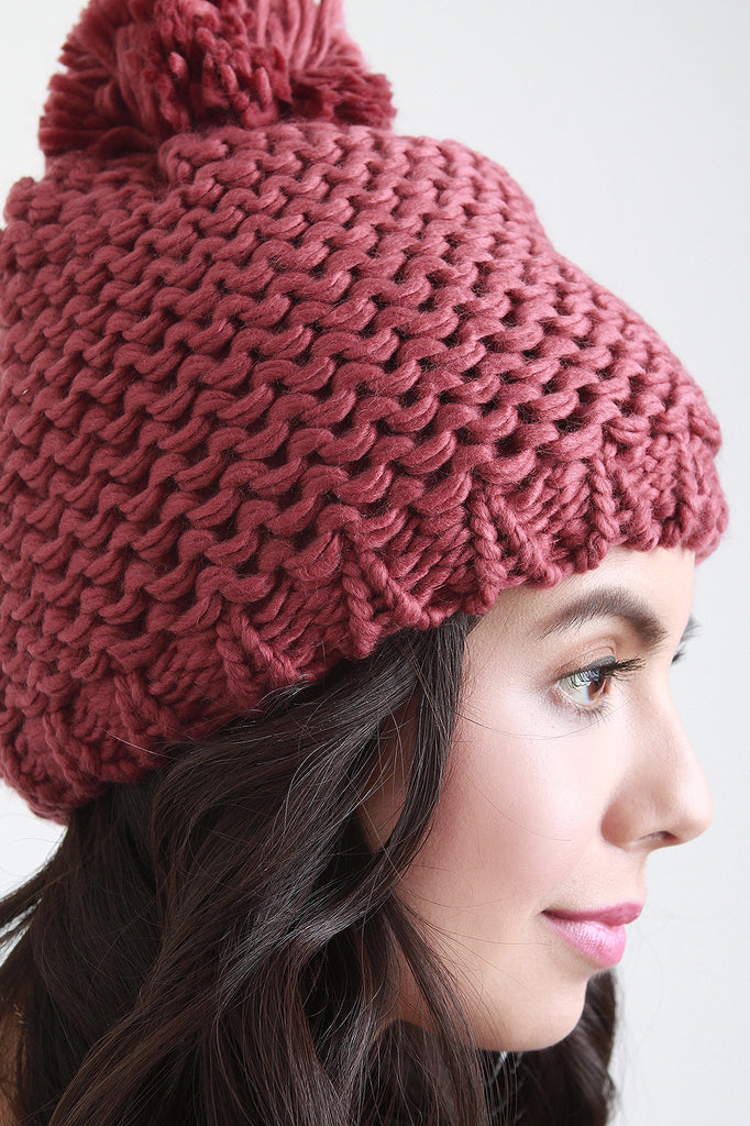 Loose Knit Pom Pom Beanie