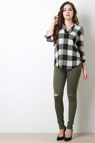 Plaid Split V-Neck Long Sleeves Top