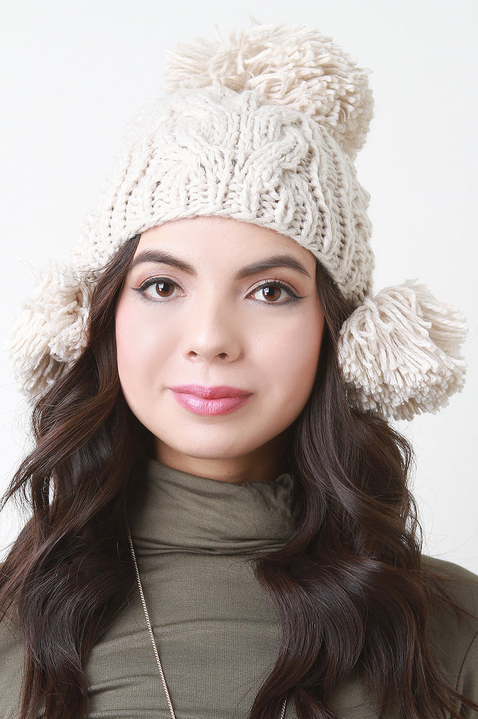 Mixed Cable Knit Triple Pom Pom Beanie