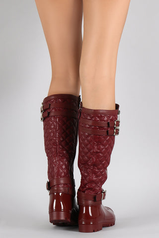 Quilted Zipper Buckled Jelly Knee High Rain Boots