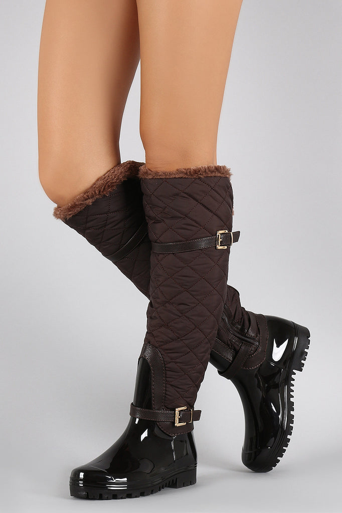 Fur Cuff Quilted Puffer Buckled Knee High Rain Boots