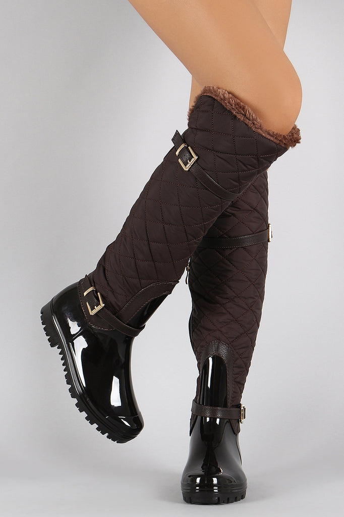 Fur Cuff Quilted Puffer Buckled Knee High Rain Boots