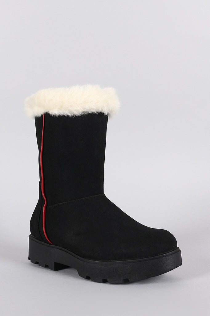 Faux Fur Round Toe Lug Sole Mid Calf Boots