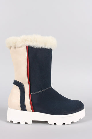 Puffy Nylon Fur Drawstring Snow Mid Calf Flat Boots