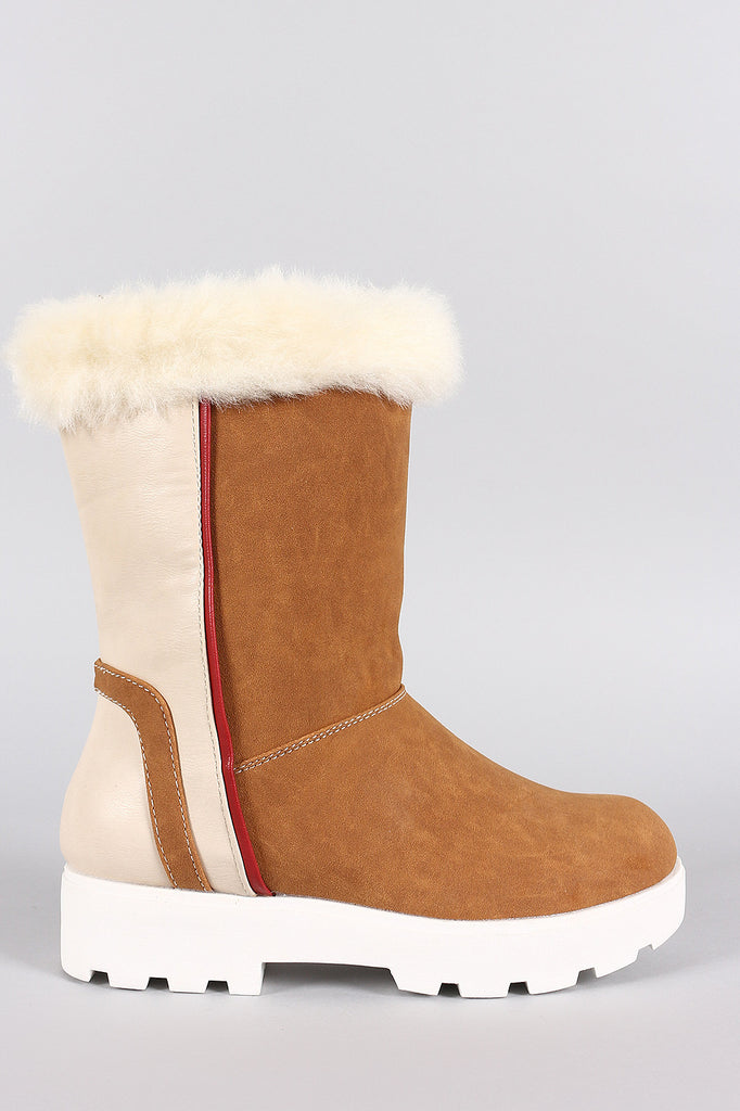 Faux Fur Round Toe Lug Sole Mid Calf Boots