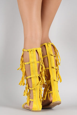 Suede Strappy Fringe Open Toe Gladiator Flat Sandal