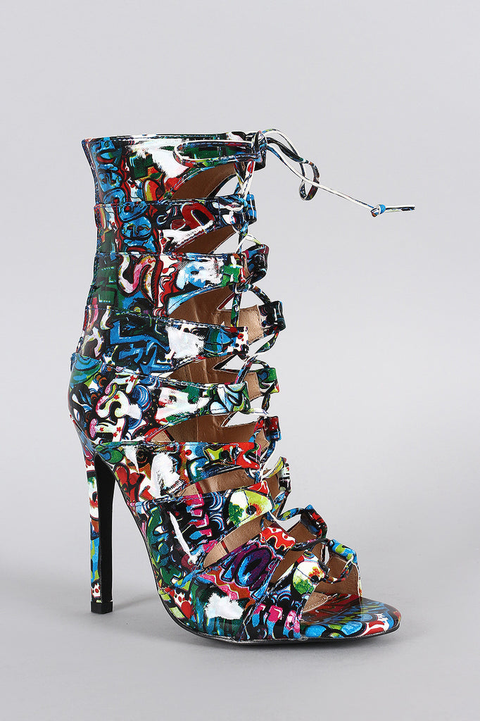 Liliana Graffiti Caged Lace Up Heel