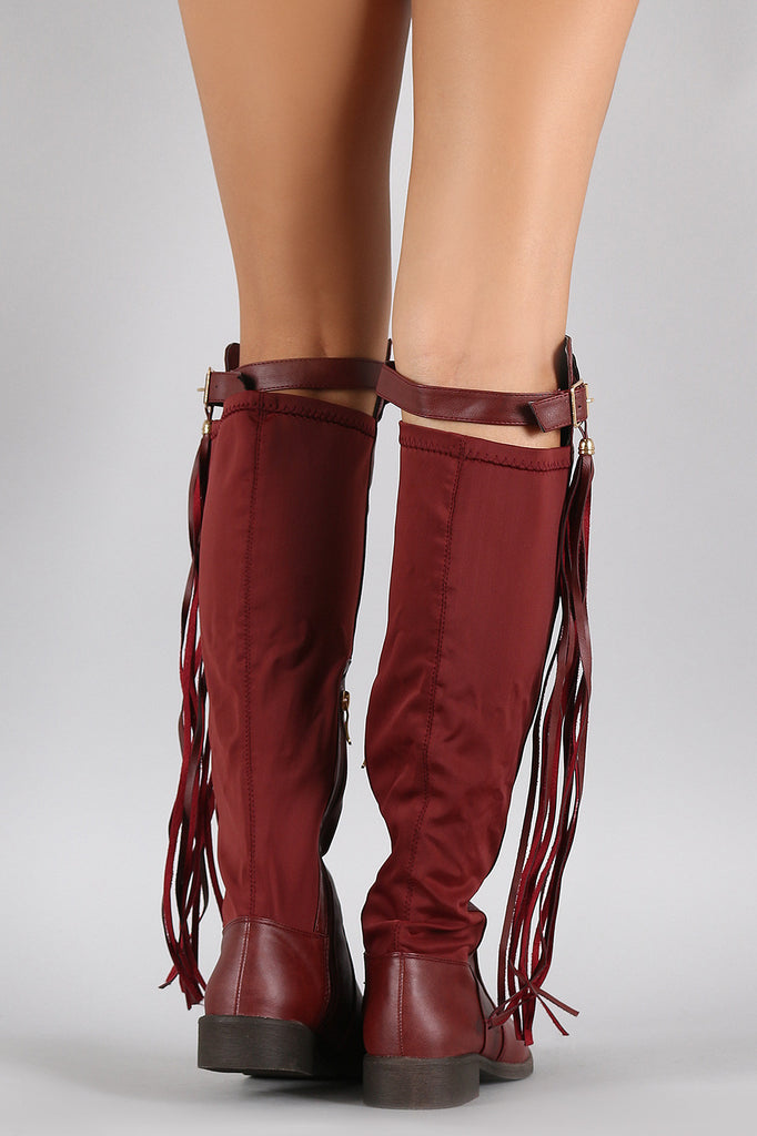 Lycra Buckle Tassel Round Toe Riding Knee High Boot