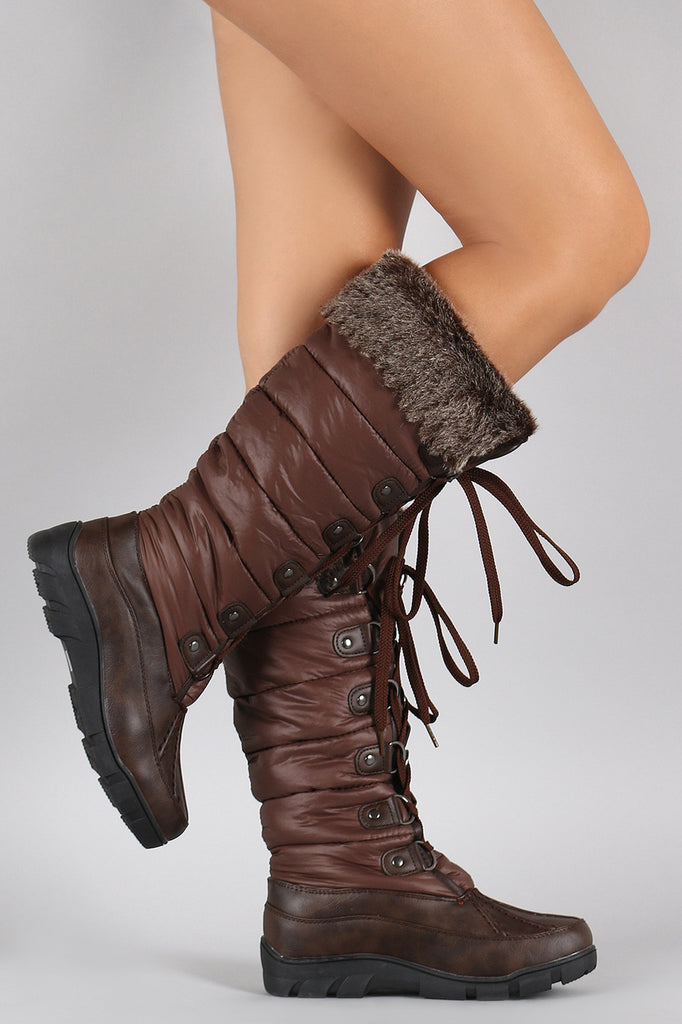 Faux Fur Cuff Lace Up Nylon Knee High Boots