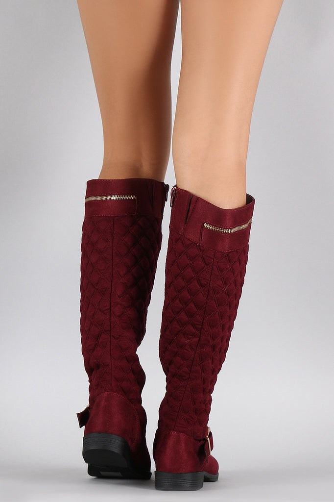 Bamboo Quilted Suede Zipper Trim Riding Knee High Boots