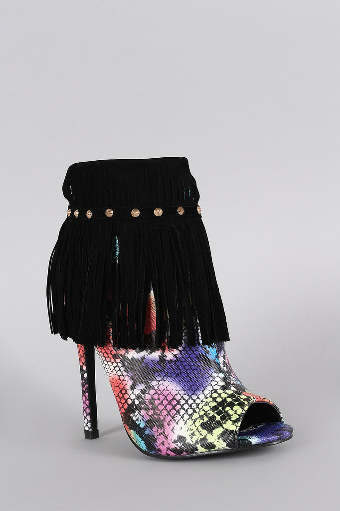 Studded Fringe Snake Print Peep Toe Stiletto Booties