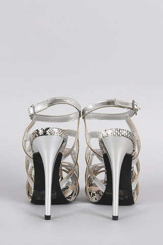 Qupid Metallic Strappy Snake Open Toe Stiletto Heel