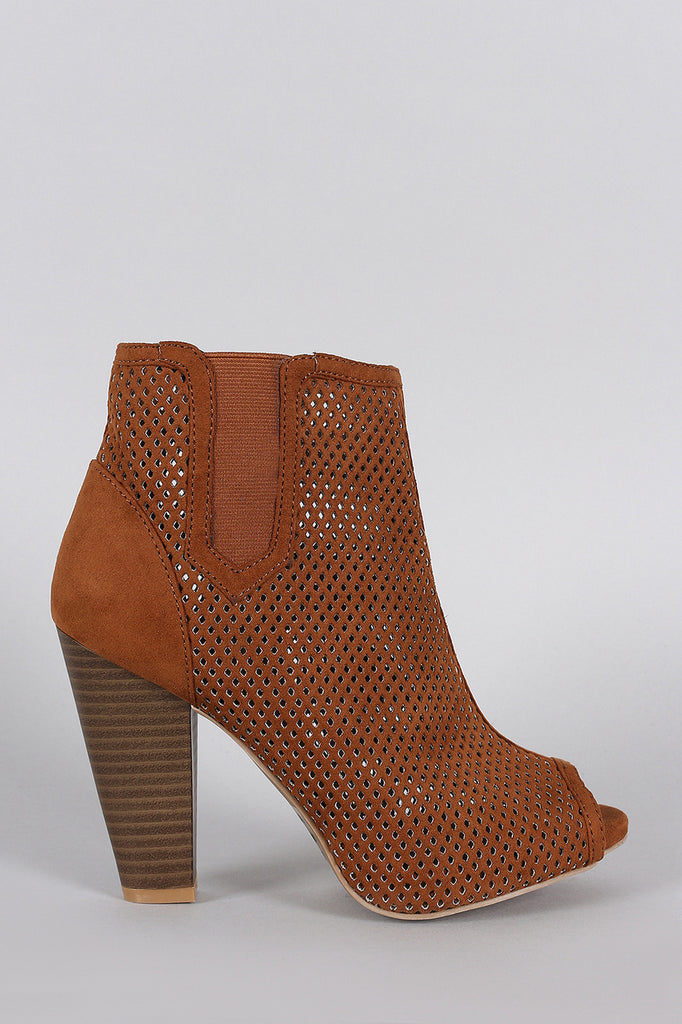 Qupid Perforated Suede Peep Toe Chunky Heeled Booties