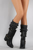 Wild Diva Lounge Sweater Shaft Buckled Knee High Boots