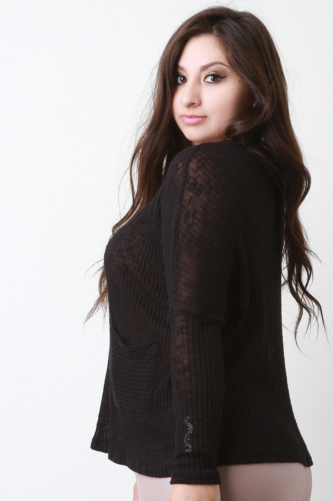 Loose Knit Pocket Long Dolman Sleeves Sweater Top