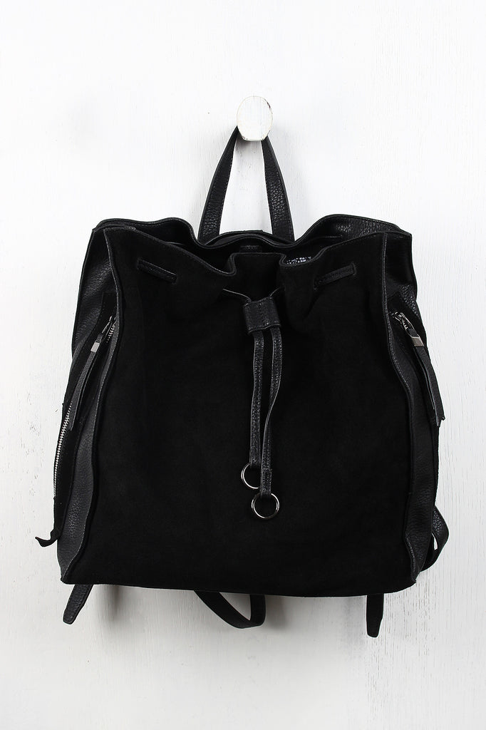 Boxy Suede And Leather Drawstring Backpack