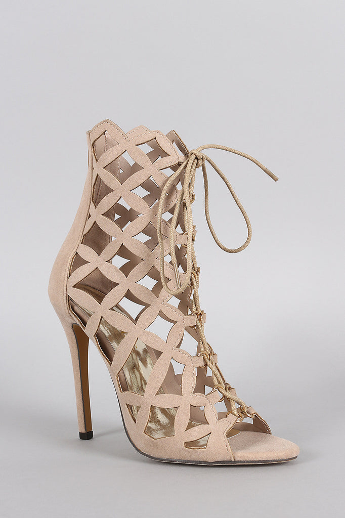 Liliana Suede Caged Intricate Laser-Cut Lace Up Heel