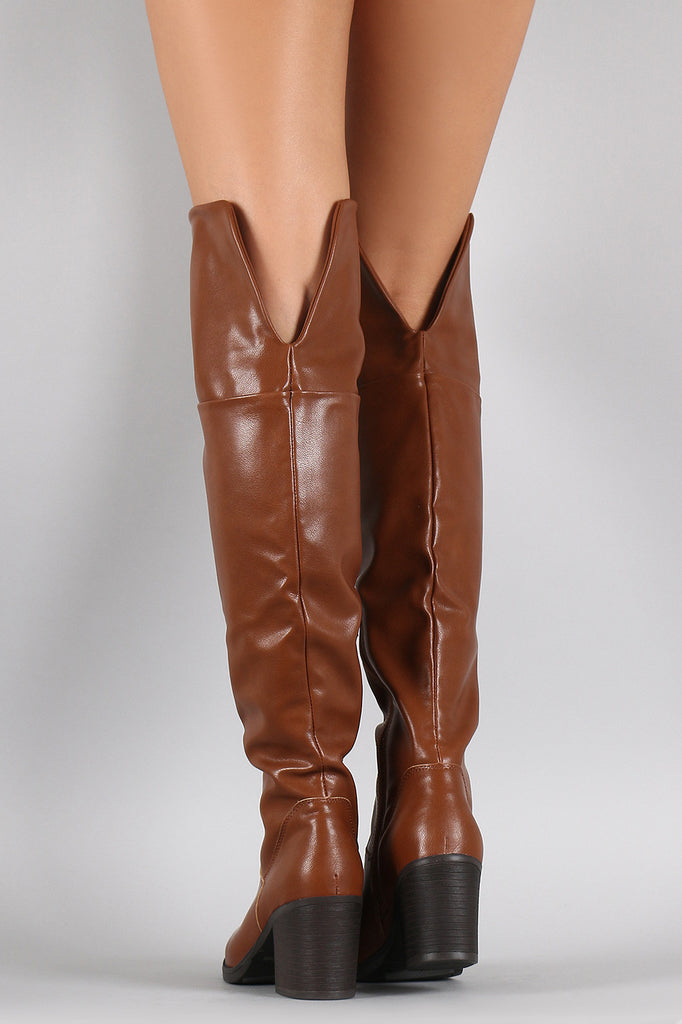 Bamboo Leather Folded Cuff Chunky Heeled Riding Boots