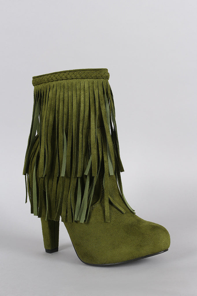 Breckelle Braided Layered Fringe Almond Toe Heeled Booties