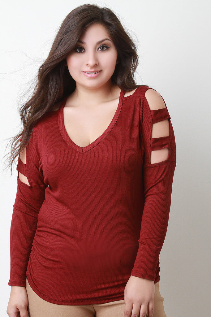 Ribbed Cutout Shoulder Long Sleeve Top