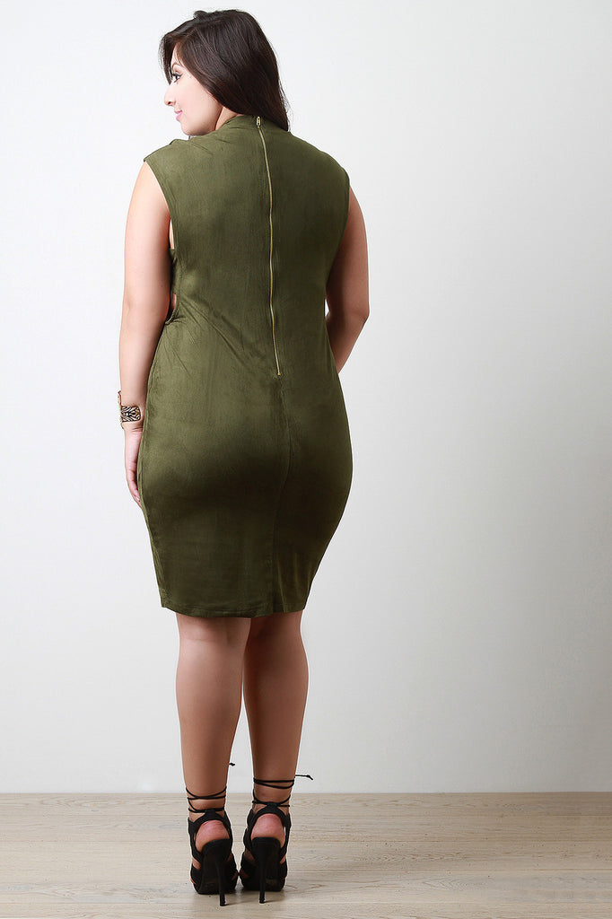 Mock Neck Banded Side Suede Dress